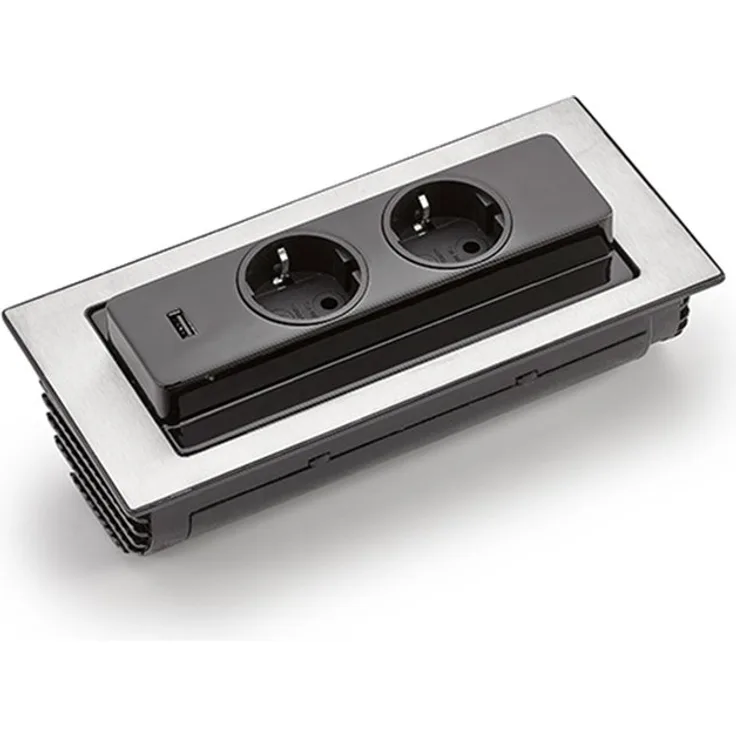 EVOLine BackFlip Cuisine Edelstahl 2x Steckdose mit USB-Charger, versenkbar / Mehrfachsteckdose / Steckdosenverteiler