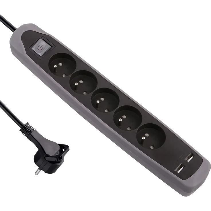 Electraline 35619 Steckdosenleiste mit 5 Steckdosen und 2 USB und Schalter Decke Silikon rutschfest, Grau, 2 m