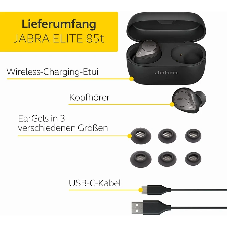 Jabra Elite 85t In-Ear Kopfhörer, Bluetooth, Mikrofon, Noise Cancelling, spritzwassergeschützt, Titan schwarz – Bild 5