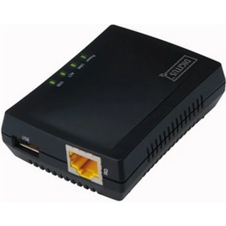 DIGITUS Fast Ethernet USB Netzwerk Server, multifunktional für NAS, USB-Hub, Drucker, DVD-Laufwerk, 1 Port, USB 2.0, 10-100 Mbit-s Netzwerk, RJ45, Schwarz