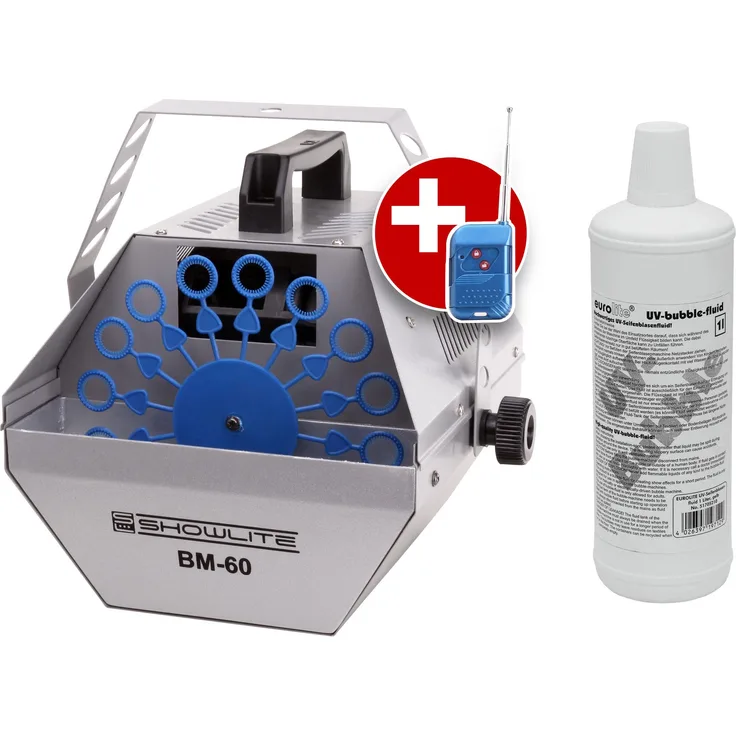Showlite BM-60 Seifenblasenmaschine SET inkl. UV-Fluid gelb
