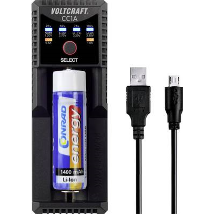 VOLTCRAFT CC1A Rundzellen-Ladegerät NiMH, LiIon, LiFePO, NiCd Mignon (AA), Micro (AAA), Baby (C), 10440, 10500, 12500, 12650, 13650, 14500, 14650, 16340 (CC1A)