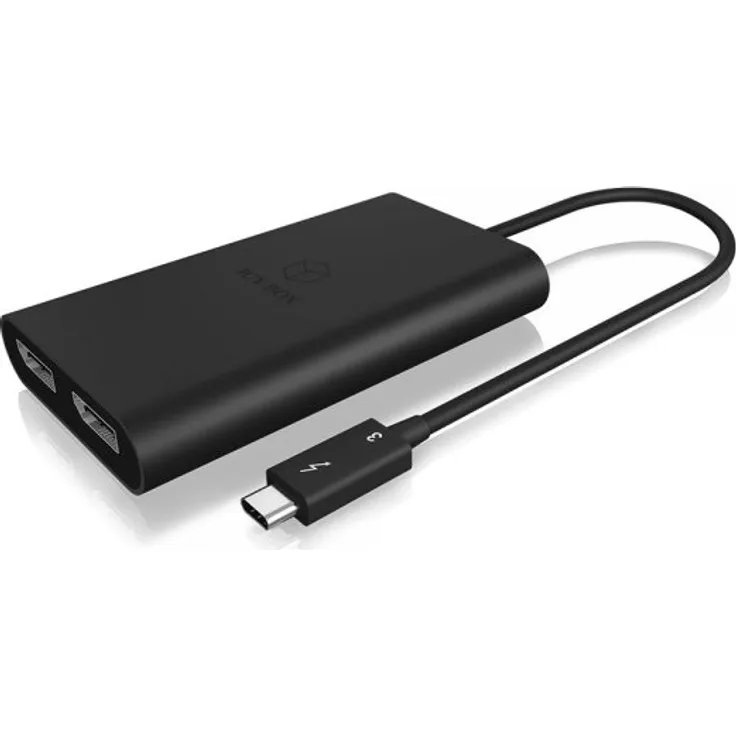 ICY BOX IB-SPL1025-TB3 2-fach Thunderbolt 3 Splitter (1x Thunderbolt 3 zu 2x DisplayPort), 5K, 4K Ultra HD, integriertes Kabel, Aluminium, schwarz