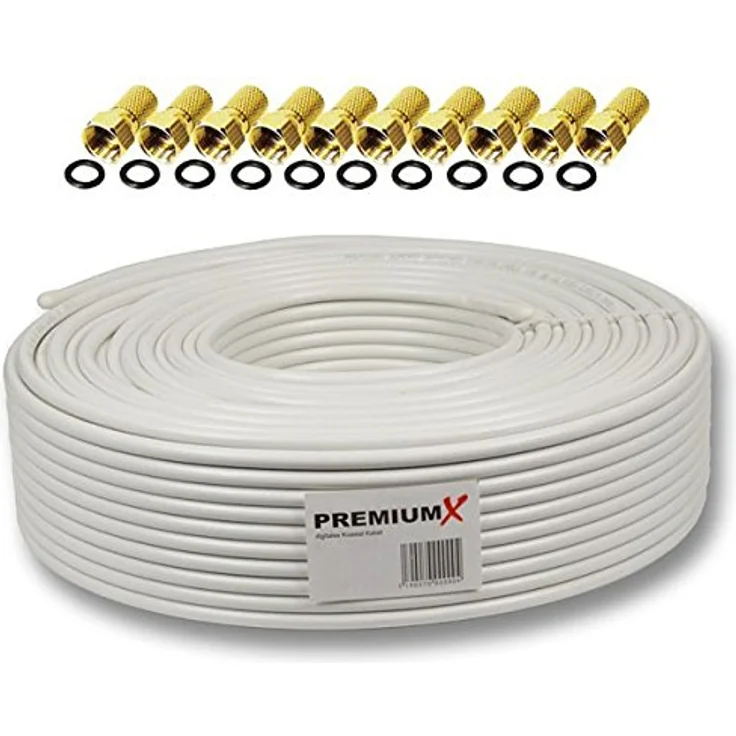 25m Koaxial Kabel 130 dB 4-Fach geschirmt, SAT Koax Antennenkabel 130dB 3D FullHD 1080p HDTV tauglich + 10x F-Stecker 7,5mm Vergoldet Gratis !!! – Bild 1
