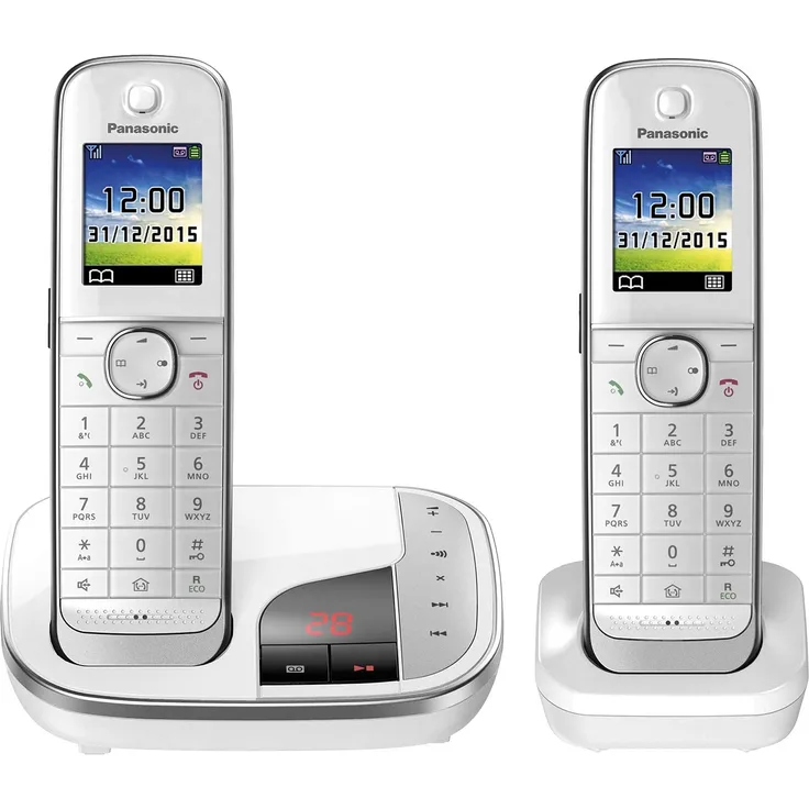 Panasonic KX-TGJ322GW Familien-Telefon mit Anrufbeantworter, Schnurloses Telefon DUO, strahlungsarm, Anrufschutz, DECT Basisstation, weiß