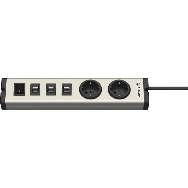 EHMANN 0601x0a02203303 Universal Alu USB Multilader 6-Port 6,3 A mit 2 Schutzkontakt Steckdosen, zum Laden von Smartphone, Tablet, und so weiter