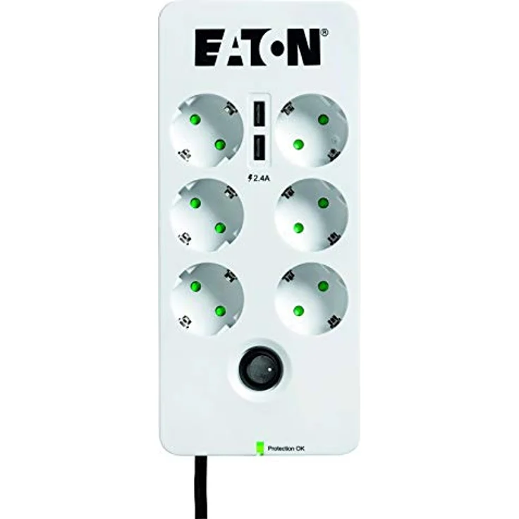 Eaton Protection Box 6 Tel USB DIN - Steckdosenleiste mit Überspannungsschutz (6-fach Schuko Buchse, schaltbar, Telefonschutz und USB Ausgänge) - weiß