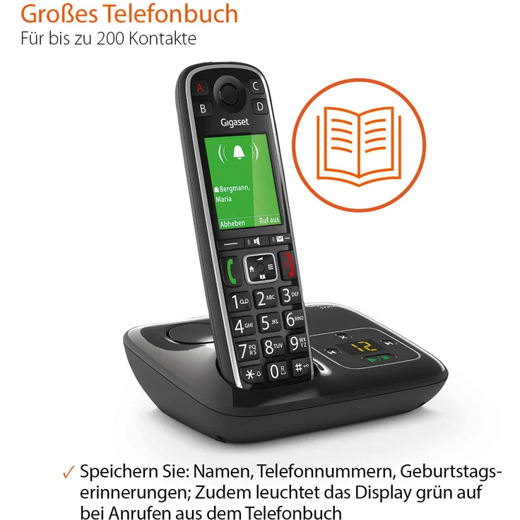 Gigaset E720A elegantes Seniorentelefon mit Anrufbeantworter und praktischen Bedienungshilfen (DECT Telefon mit Rufnummeransage, Bluetooth, SOS Funktion, einfacher Bedienung), Analog-Telefon, schwarz – Bild 7