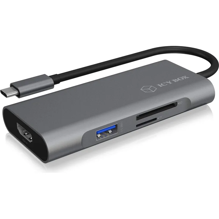 ICY BOX USB-C Dock mit HDMI 4K, Power Delivery 100 Watt, SD Kartenleser, 4X USB 3.0, Aluminium, Anthrazit IB-ADK4026-CPD