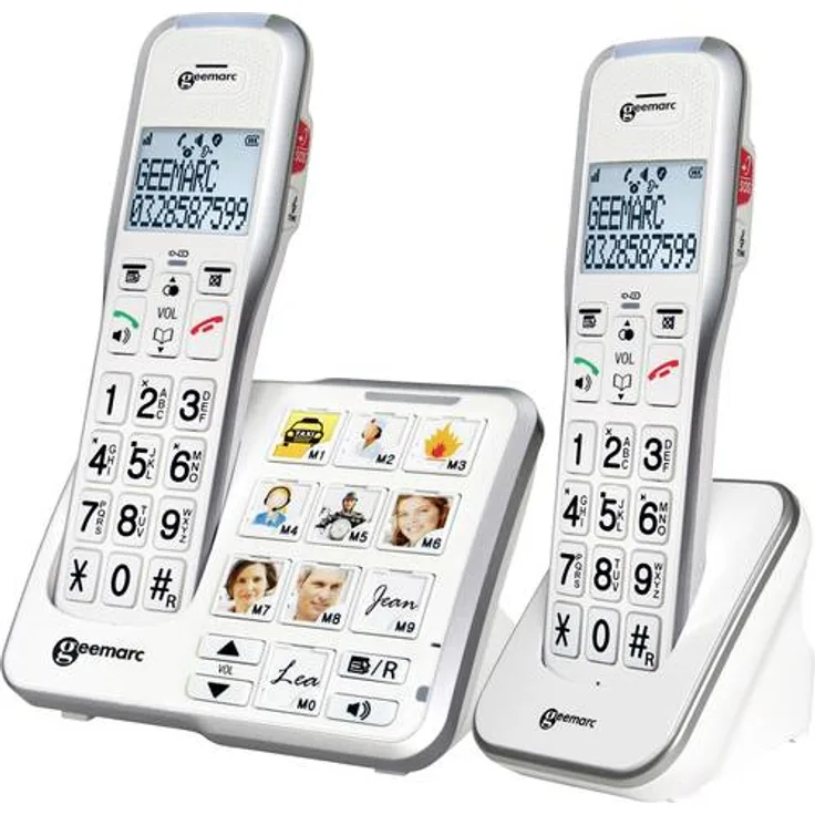 Geemarc AmpliDECT 595 DUO : 2 schnurlose verstärkte 50 dB Schwerhörigentelefone mit Fototasten, Anrufbeantworter, Sprachansage und SOS Taste - Deutsche Version