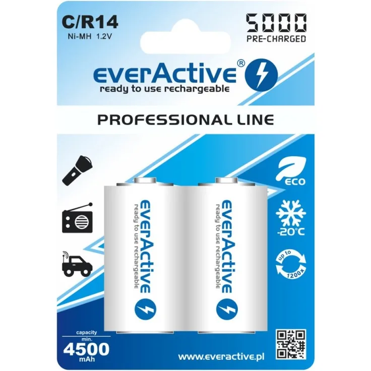 everActive Akku C 3500 mAh 2 Stück, NI-MH, Baby R14, wiederaufladbar, vorgeladen, Spitzenqualität, Silver Line 1.2V, 1 Blisterkarte