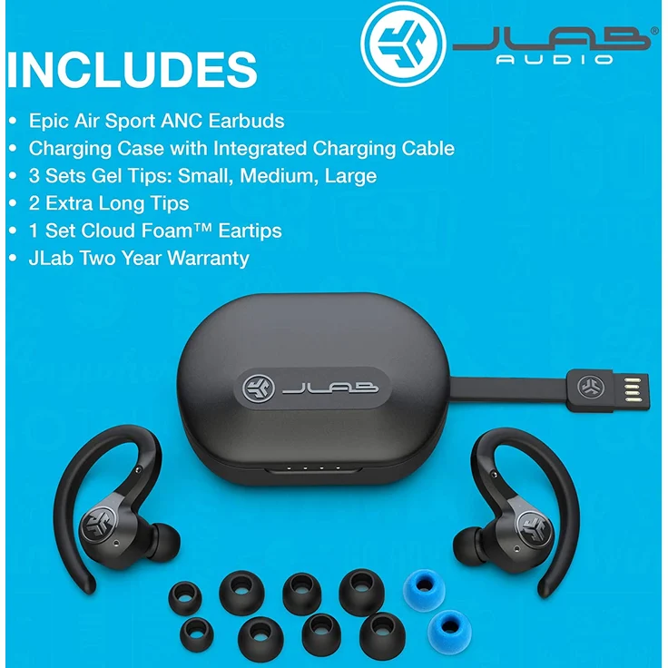 JLAB Epic Air Sport ANC True Wireless In-Ear Kopfhörer mit Bluetooth, Mikrofon, Noise Cancelling, geeignet für Sport, schwarz – Bild 8