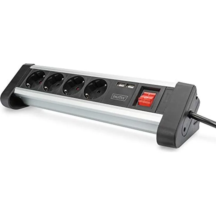 DIGITUS Steckdosenleiste mit USB - 2 Lade-Ports - 4 Steck-Dosen - Schalter - Schreib-Tisch & Wand-Montage