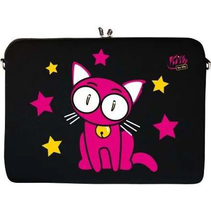 Kitty to Go LS142-15 Designer Laptoptasche 15,6 Zoll (39,1 cm) aus Neopren Laptop-Hülle Sleeve Tasche Schutzhülle Cover Case Bag Katze schwarz-pink