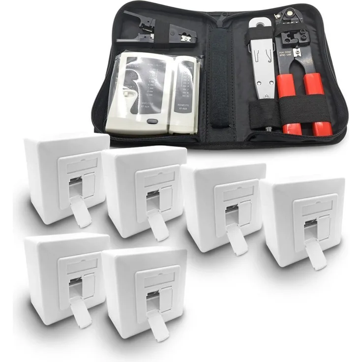 ARLI Netzwerk-Adapter, 6x ARLI Cat6a Netzwerkdose 2 Port + Werkzeugset - Crimpzange Rj45 + Tester + LSA + Kabelmesser Werkzeug Set