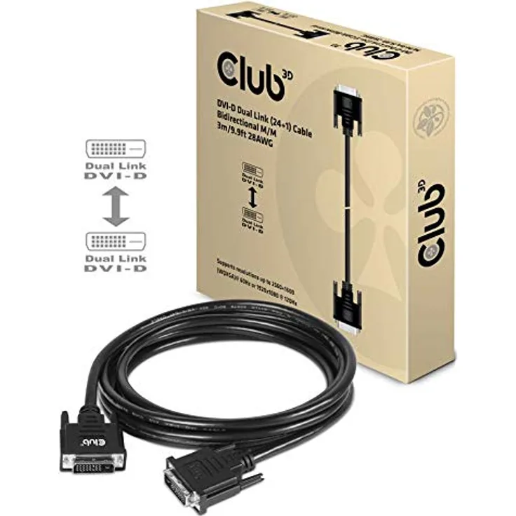 Club 3D - DVI-Kabel - DVI-D (M) bis DVI-D (M) - 3 m - Daumenschrauben, hauchvergoldete Kontakte