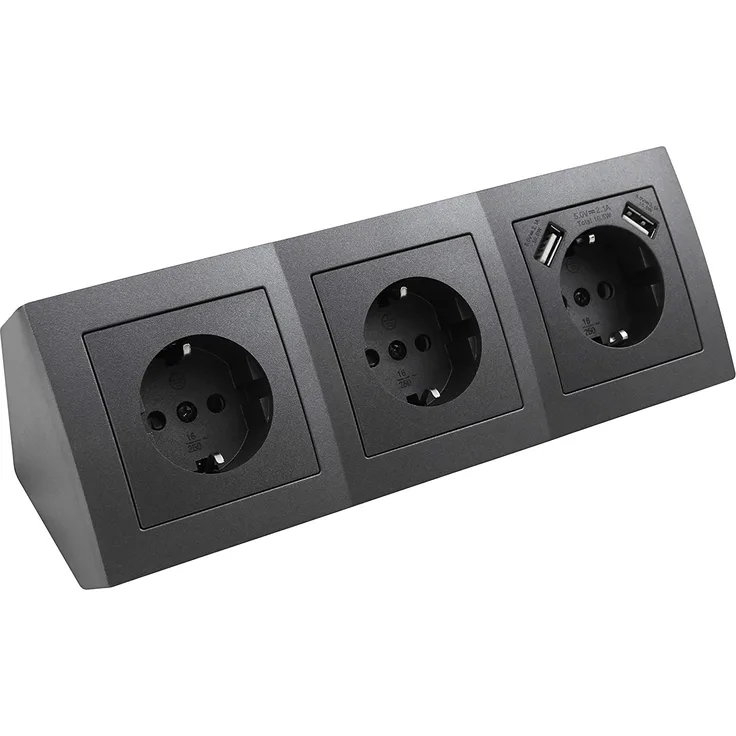 Aufbau Steckdosenblock ''Flair'', 3-fach Schutzkontakt + 2x USB 5V - 2,4A, schwarz