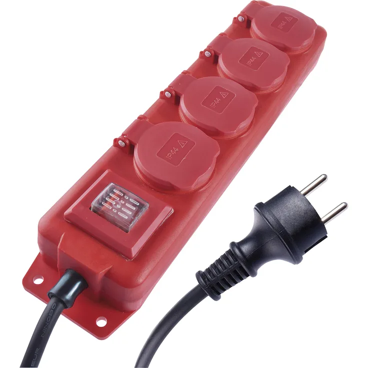 EMOS Steckdosenleiste 4-fach mit Schalter, 5 m Kabel, IP44 für Aussenbereich mit Klappdeckel, schwarz-rot, 1,5 mm, Schuko Mehrfachsteckdose mit Kindersicherung