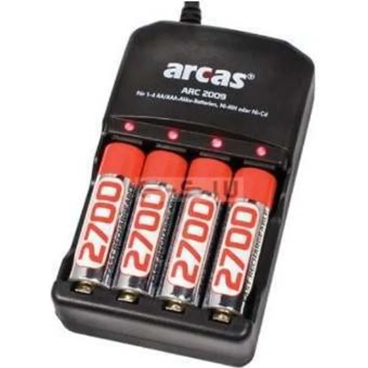 Arcas 4 Kanal 20702009 Akku Ladegerät (AC 230V, 50-60Hz, 2W Input, geeignet für 1-4 AA-AAA, NI-MH oder NI-CD wiederaufladbaren Batterien) schwarz