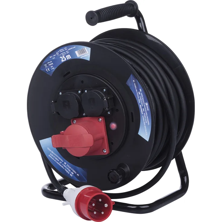EMOS Baustellen-- Industrie-- Camping Kabeltrommel, 25 m Kabel mit 3 Steckdosen (1x E, 2X Schutzkontakt), IP 44 für Außenbereich, E Stecker