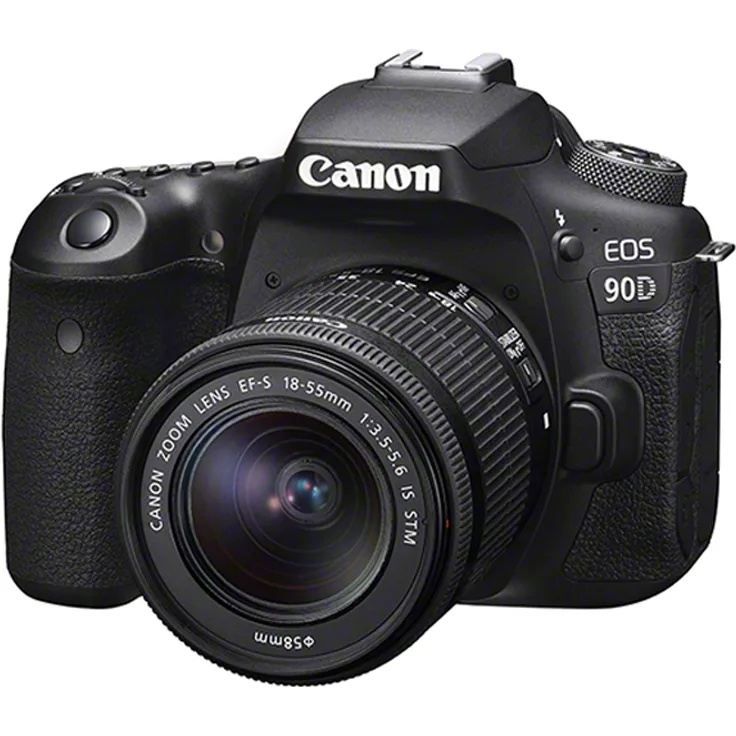Canon EOS 90D Spiegelreflexkamera (32,5 MP, 7,7 cm (3 Zoll) Vari-Angle Touch LCD Display, APS-C Sensor, 4K, Full-HD, WLAN, Bluetooth) Gehäuse mit Objektiv EF-S 18-55mm F-3.5-5.6 IS STM schwarz