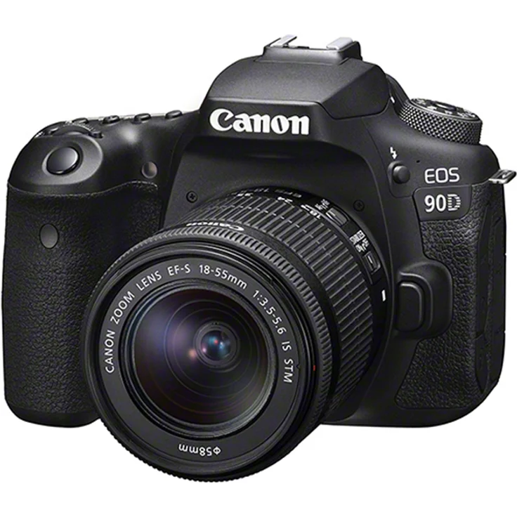 Canon EOS 90D Spiegelreflexkamera (32,5 MP, 7,7 cm (3 Zoll) Vari-Angle Touch LCD Display, APS-C Sensor, 4K, Full-HD, WLAN, Bluetooth) Gehäuse mit Objektiv EF-S 18-55mm F-3.5-5.6 IS STM schwarz – Bild 1