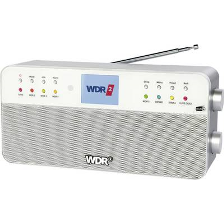WDR-Radio • 8 Speichertasten für WDR-Sender • Fernbedienung • Bluetooth • Kopfhöreranschluss • Farbdisplay • Stereoklang • AUX-In • Silber • Digitalradio