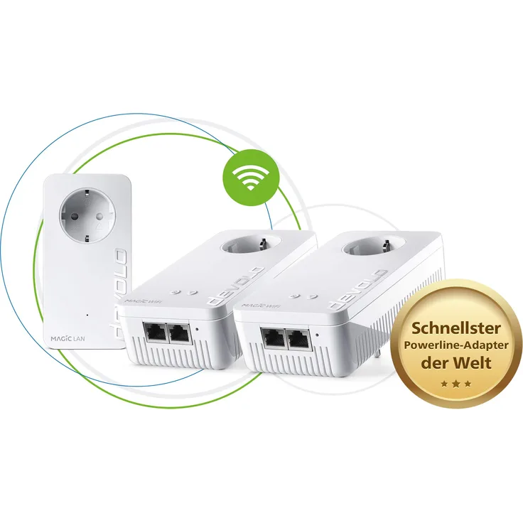 devolo Magic 2 2400 WiFi ac next Multiroom Kit: Stabilstes Set mit 3 Powerline-Adaptern für raumübergreifendes Mesh-WLAN, ideal für Streaming (2400 Mbit-s, 4x Gigabit LAN-Anschlüsse) - Preisvergleich