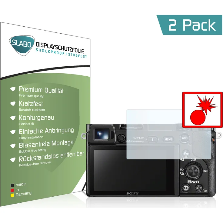 Slabo 2x Panzerschutzfolie für Sony Alpha 6000, Alpha 6300, Alpha 6500 KLAR Shockproof