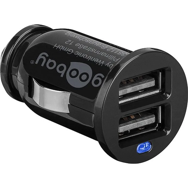 Goobay 44177 2-Port Auto - KFZ Ladegerät, Mini Zigarettenanzünder Dual USB Ladegerät, geeignet für Pkw & Lkw (12V - 24V), mit LED-Licht, schwarz