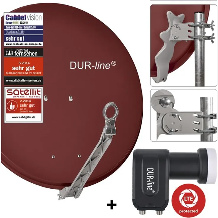 DUR-line 2 Teilnehmer Set - Qualitäts-Alu-Satelliten-Komplettanlage - Select 75/80cm Spiegel/Schüssel Rot + Twin LNB - für 2 Receiver/TV [Neuste Technik, DVB-S2, 4K, 3D]