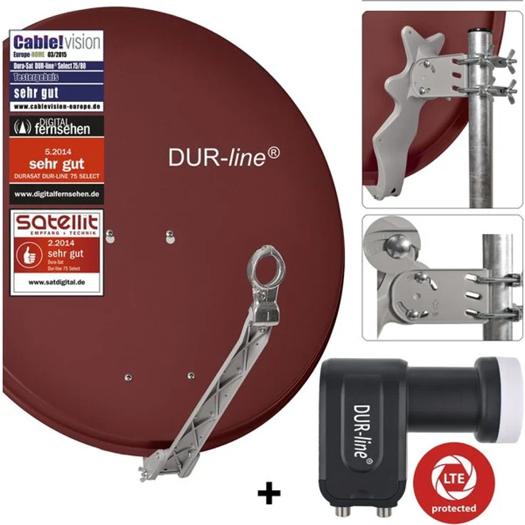 DUR-line 2 Teilnehmer Set - Qualitäts-Alu-Satelliten-Komplettanlage - Select 75/80cm Spiegel/Schüssel Rot + Twin LNB - für 2 Receiver/TV [Neuste Technik, DVB-S2, 4K, 3D]