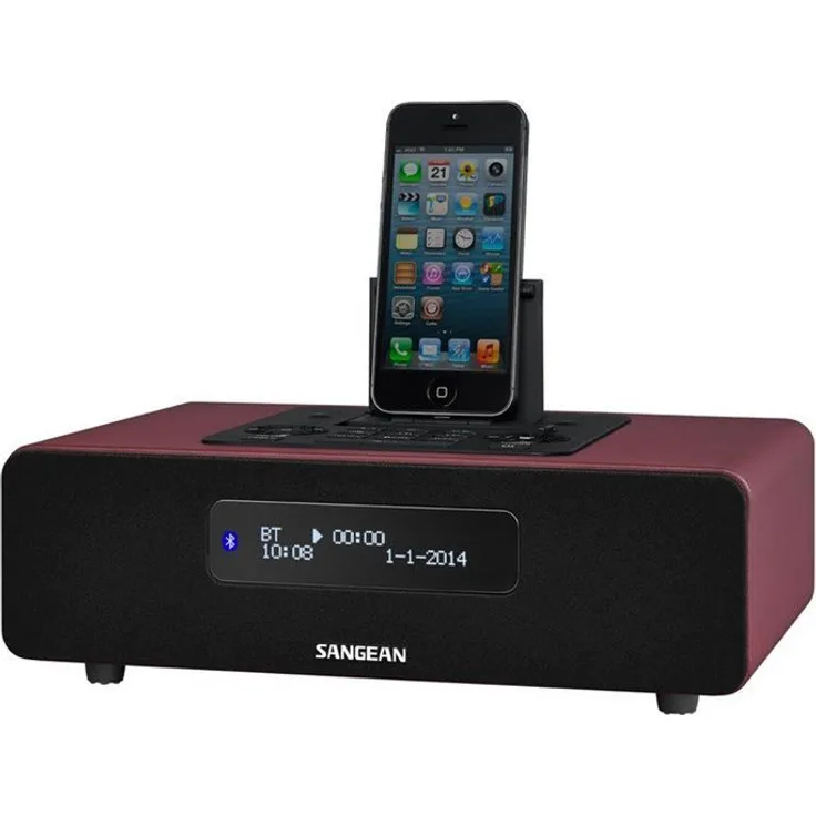 Sangean DDR-38 Digitalradio und Bluetooth Lautsprecher (mit iPhone Dockingstation, Wecker mit Dual Alarm, Powerbank, LCD Display) rot