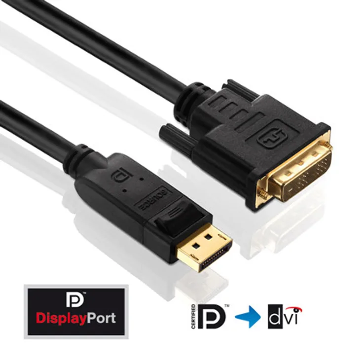 PureLink PI5200-020 DisplayPort auf DVI-D Adapterkabel (2K FullHD (1080p), Ethernet), (DisplayPort Stecker (20pin) auf DVI-D Stecker (18+1pin), zertifiziert, 2,00m, schwarz