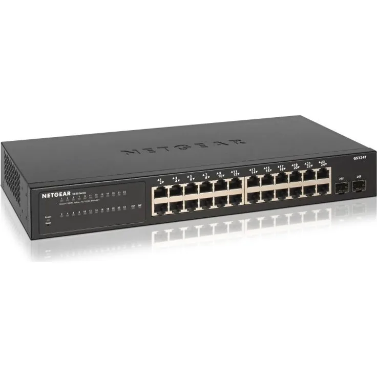 NETGEAR GS324T 24-Port Gigabit Ethernet LAN Switch Smart Managed Pro (2x 1G-SFP, lüfterloses Metallgehäuse, Webmanaged Switch für Desktop--Rack-Montage, VLAN, IGMP, QoS, ProSAFE Lifetime-)