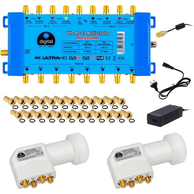 SET Multischalter 9/8 + UHD Quattro LNB + F-Stecker