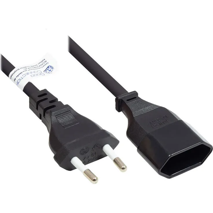 Good Connections Euro-Verlängerung - 20 cm - Euro-Stecker Typ C (gerade) an Euro-Buchse (gerade) - KUPFERLEITER CU - Adernquerschnitt: 0,75 mm² - Stromkabel-Verlängerung - SCHWARZ