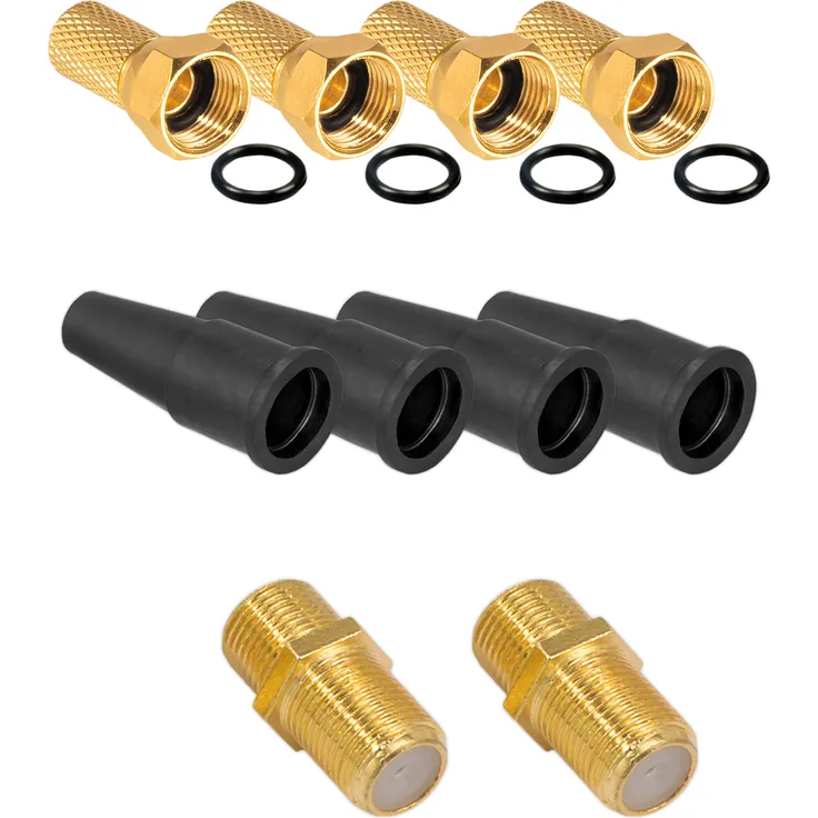 SET (4 x F-Stecker + 4 xGummitüllen + 2 x F-Verbinder Schmalle Mutter)