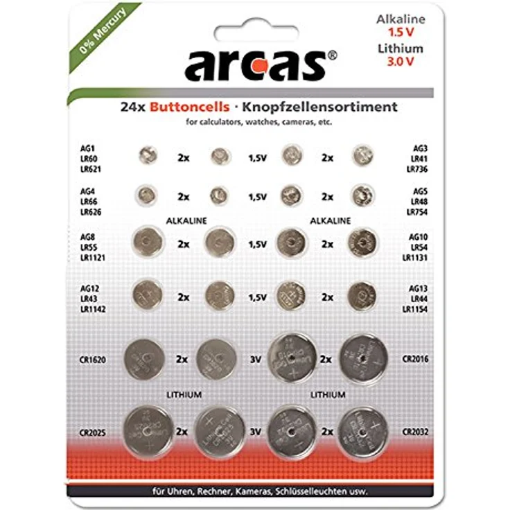 Arcas 12752400 Alkaline und Lithium Knopfzellensortiment, 24 teilig chrom – Bild 1