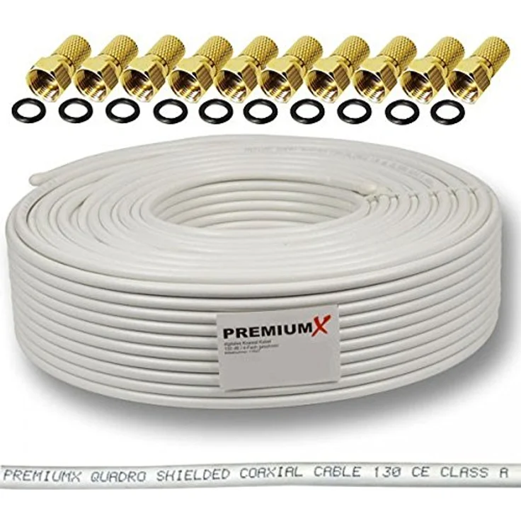 135dB 50m Koaxial SAT Kabel Antennenkabel Koaxkabel 4-fach geschirmt Koaxialkabel für DVB-S / S2 DVB-C und DVB-T BK Anlagen + 10 vergoldete F-Stecker SET Gratis dazu FULLHD 3D Digital