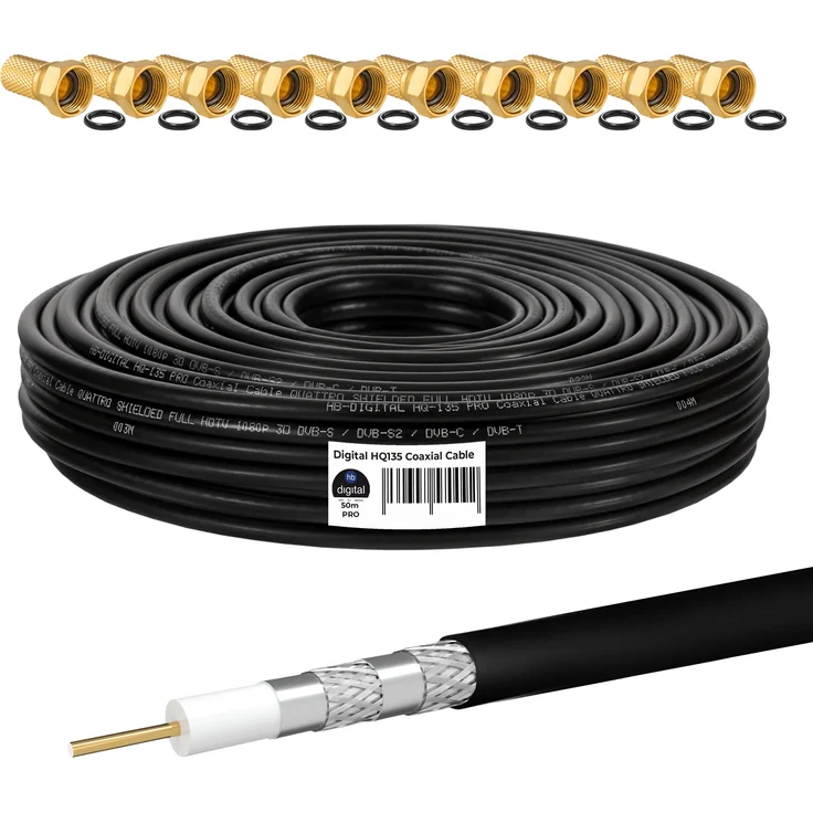50 m 135 HQ Koaxial Kabel SCHWARZ + 10 x F-Stecker – Bild 1
