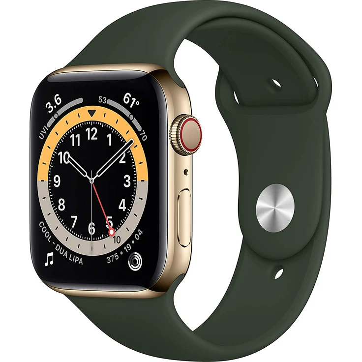 Apple Watch Series 6 Smartwatch GPS + Cellular, 44mm, Edelstahlgehäuse Gold, Sportarmband Zyperngrün – Bild 1