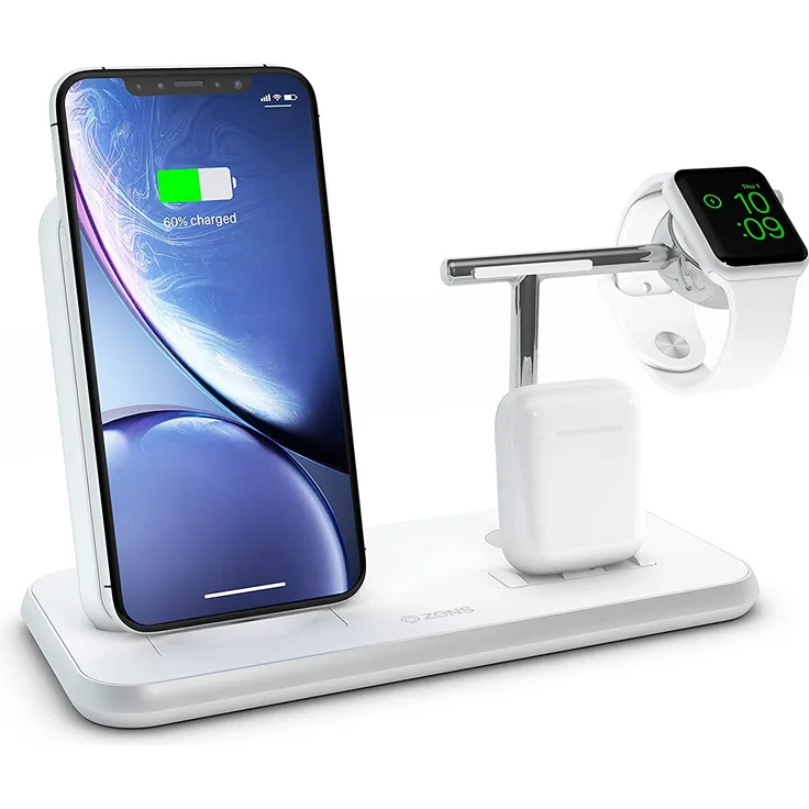Zens Induktions-Ladegerät 2000mA Stand + Apple-Watch + Dock Ausgänge, Induktionslade-Standard, Aluminium, Kombi-Ladegerät, Qi Ladestation, weiß (ZEDC07W)