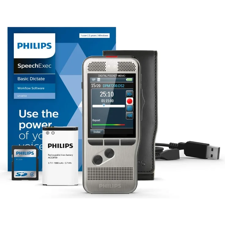 Philips DPM7200 Digitales Diktiergerät, Bedienung per Schiebeschalter, 2 Mikrofone für ausgez. Stereo-Tonaufnahmen, Farbdisplay, Edelstahlgehäuse, inkl. Diktiersoftware SpeechExec Basic 2-Jahres-Abo