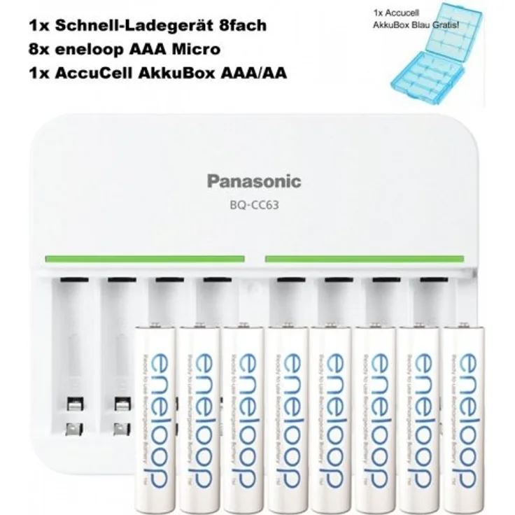 eneloop bk-4mcc 8 Stück, 8fach eneloop Schnell-Ladegerät und AccuCell Akkubox AA