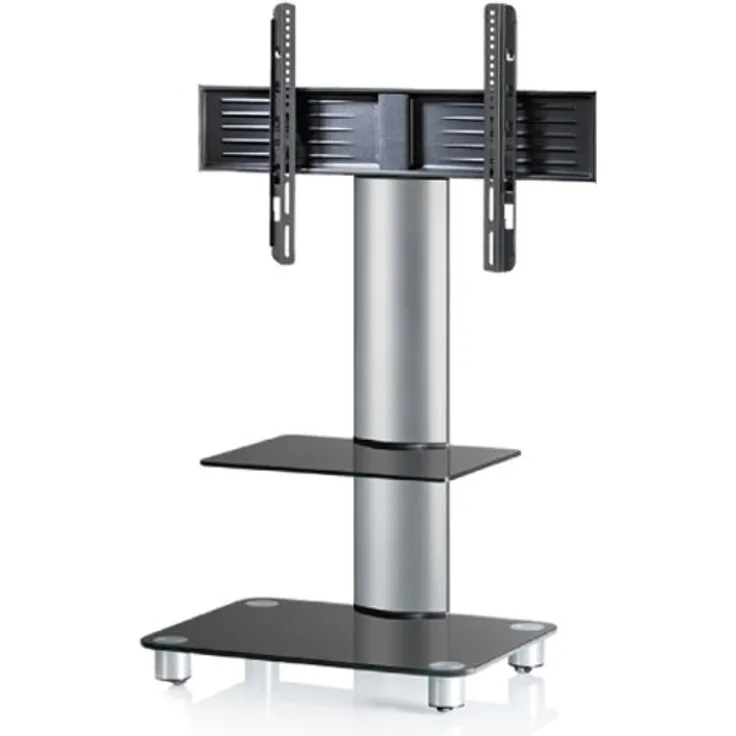 VCM TV-Standfuß LED Halterung Ständer Fernseh Standfuss Alu Glas Universal Silber VESA Mobil Rollen ''Tosal Zwischenboden