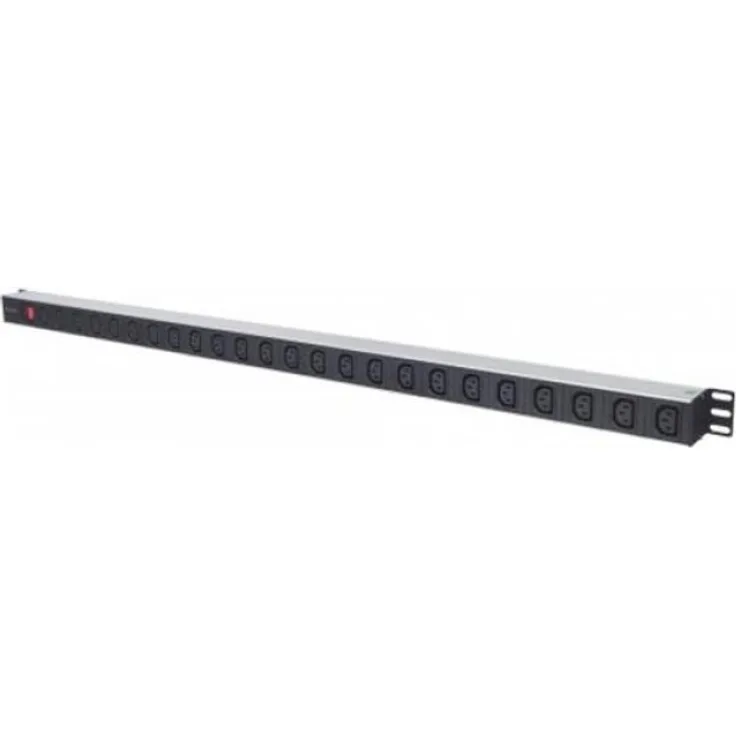 Intellinet 163644 24-fach Steckdosenleiste C13-Kaltgerätesteckdosen vertikale Rackmontage (PDU mit abnehmbarem Stromkabel 2m Netzschalter und rückseitigem C14-Stromeingang) schwarz-silber