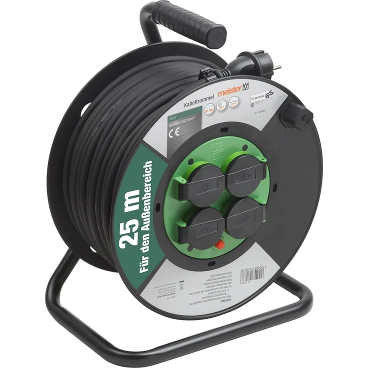 Meister Kabeltrommel H05RR-F3G1,5, IP44 - 25 m Kabel - Thermoschutz-Schalter - Outdoor - Kabelrolle mit 4 Schuko-Steckdosen - Kabelbox mit Verlängerungskabel - Leitungsroller mit Kurbel - 7435860