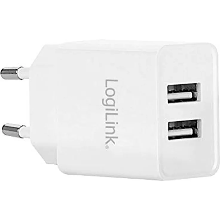 LogiLink PA0185 Steckdosenadapter-Ladegerät mit eingebautem IC und Überstrom, Kurzschluss-und Überspannungsschutz, 2X USB-Port (max. 10,5W), z.B. für Smartphones, eBooks, Tablets, etc, Weiß