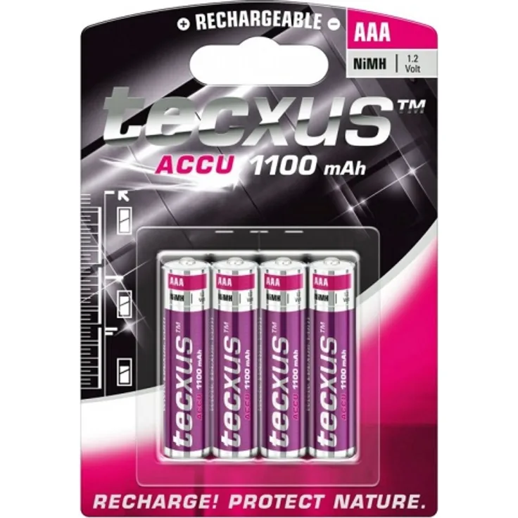 Tecxus NiMH Akku Micro, AAA, LR03, 1,2 Volt mit 1100mAh im 4er Pack